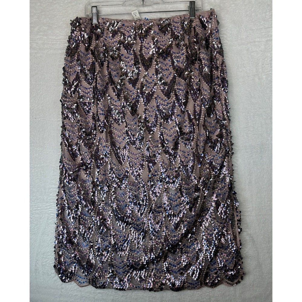 Zara Sequin Lace Midi Skirt Womens XL Mauve Iridescent Scalloped Overlay